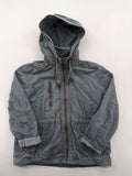 edc grey parka jacket with hood, adjustable drawstrings, and striped lining