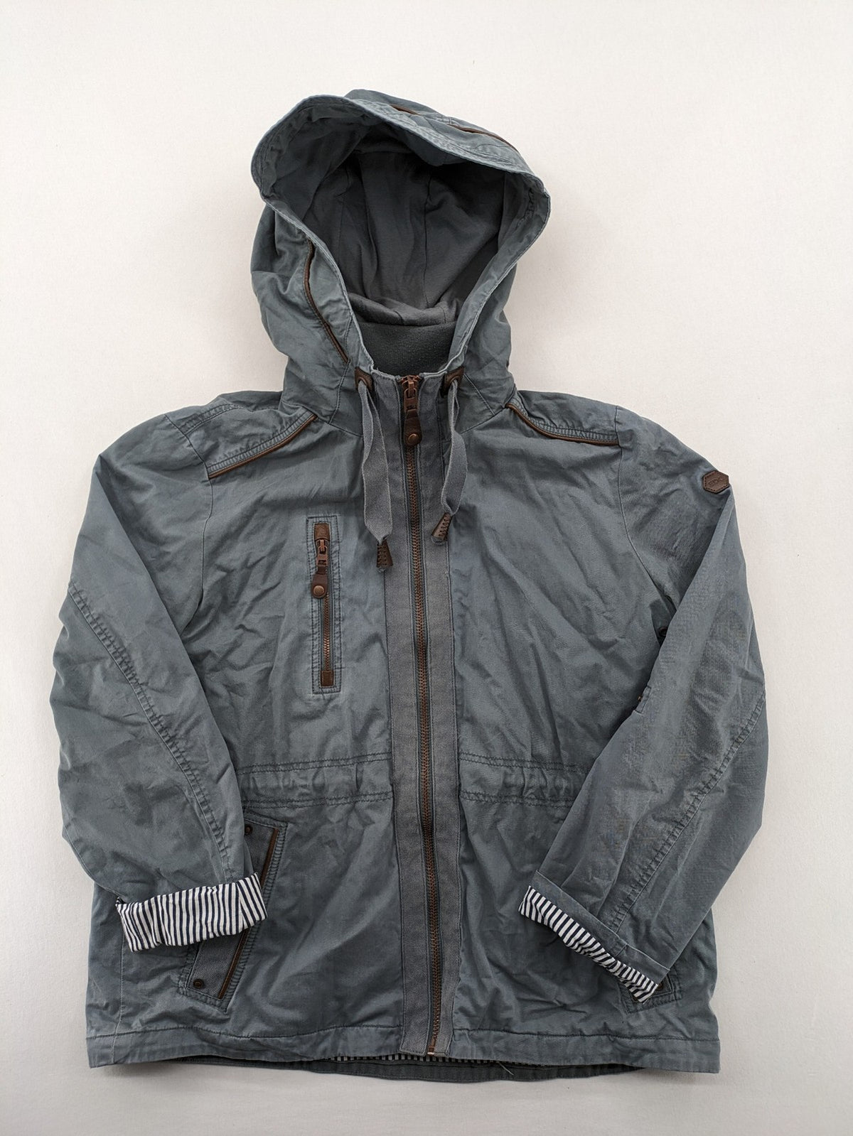 edc grey parka jacket with hood, adjustable drawstrings, and striped lining