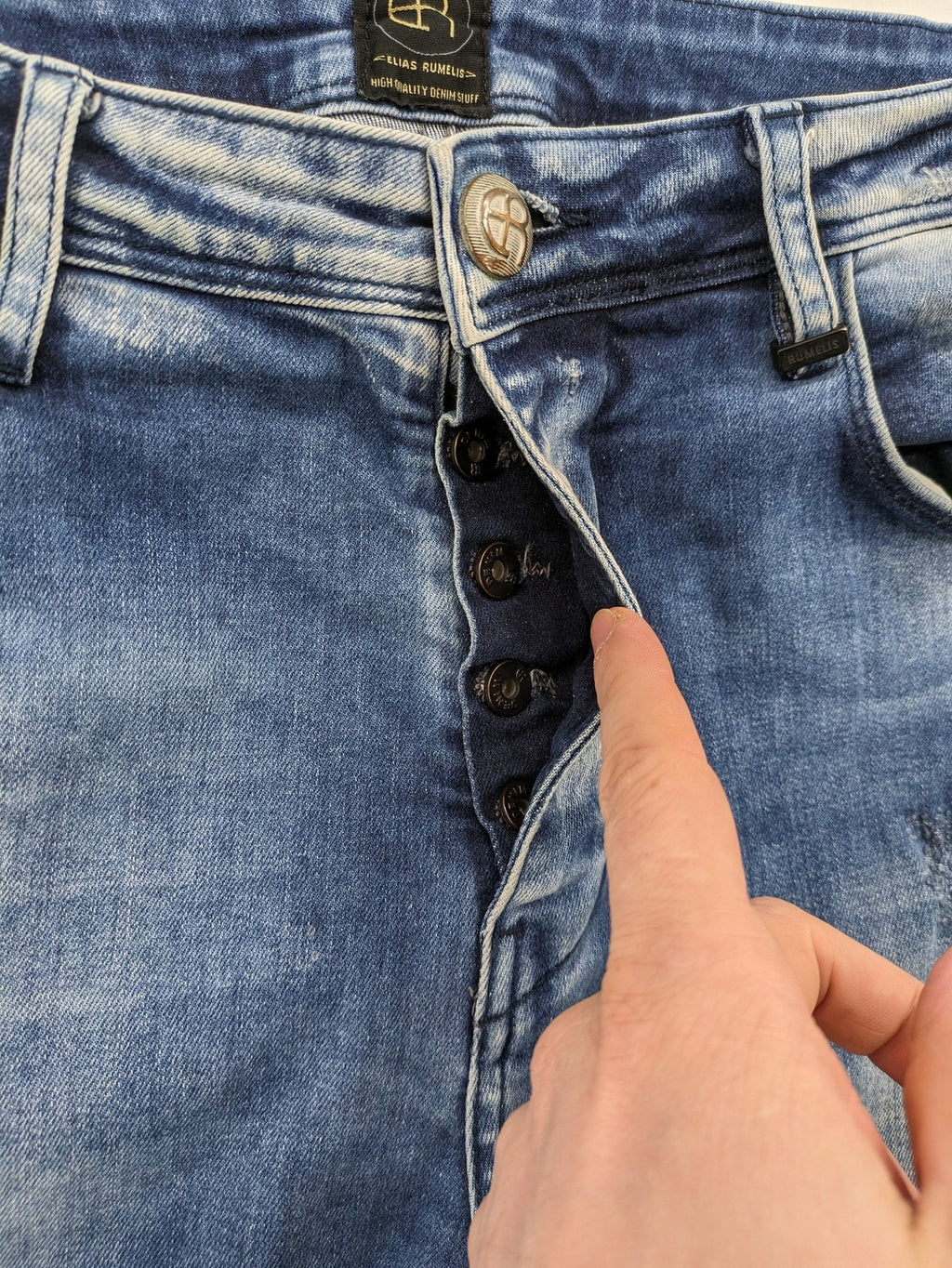 W32 blue straight jeans distressed details tapered fit button fly design