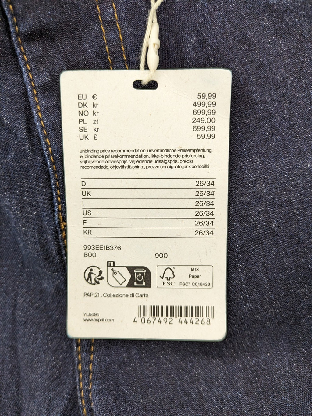 Esprit navy straight jeans with five-pocket style and yellow contrast stitching.