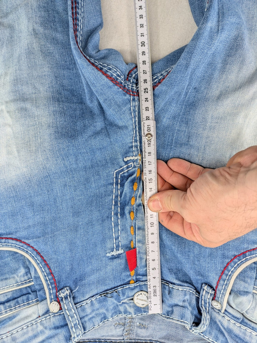 R-Neal blue straight jeans with red-white contrast stitching and classic 5-pocket design.