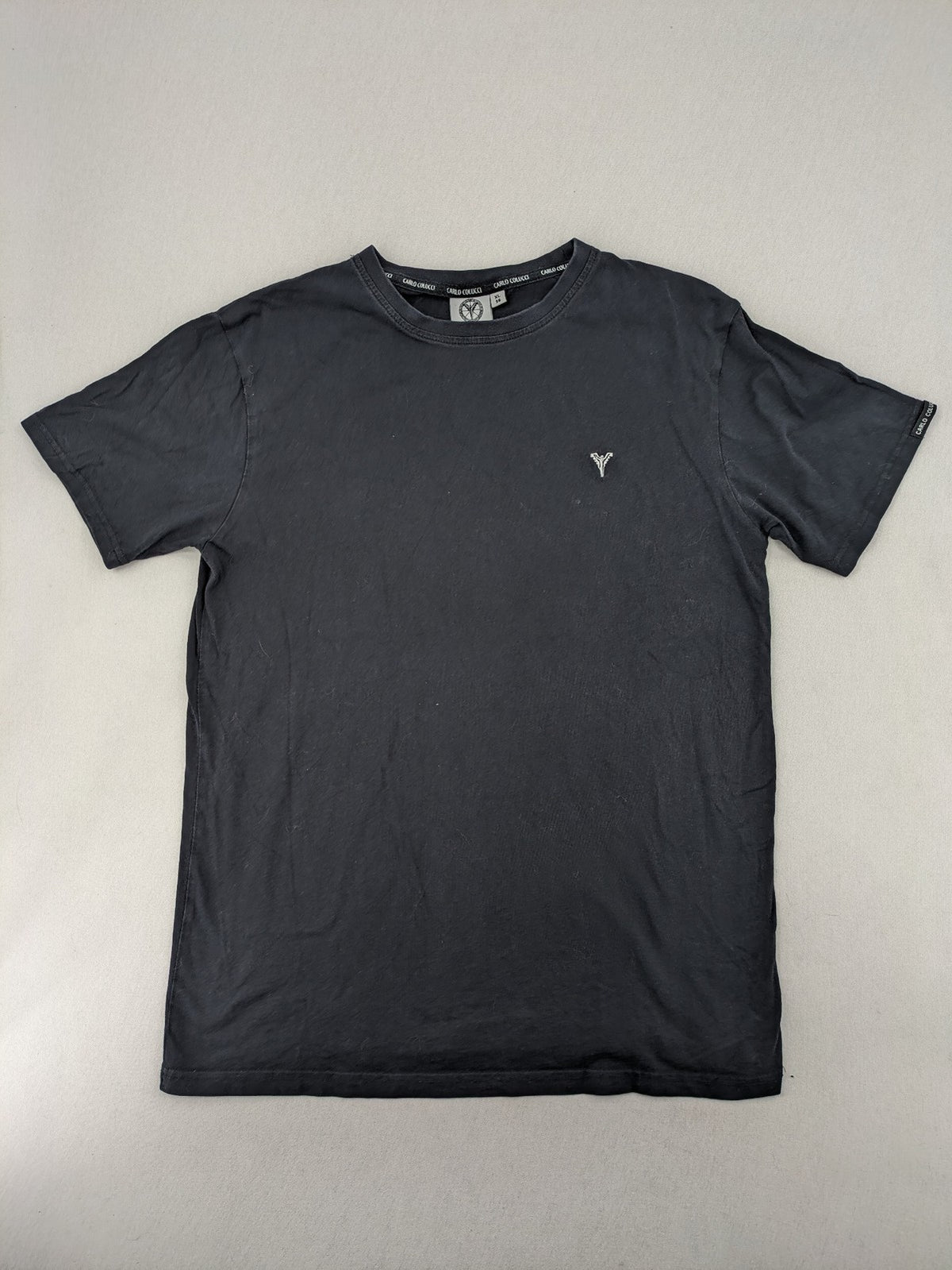 Carlo Colucci grey t-shirt with embroidered logo on chest and brand label details.