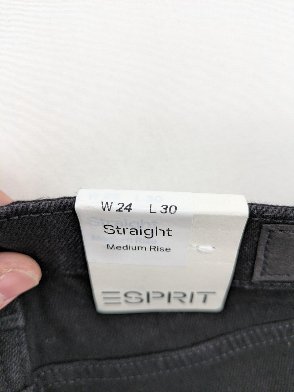 Esprit grey straight jeans with medium rise and original tags, classic denim style.