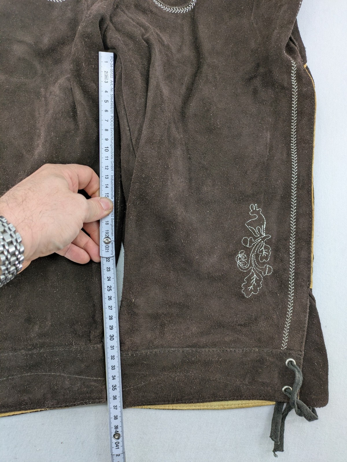 Braun traditional leather pants brown suede with intricate embroidery on bib and legs.