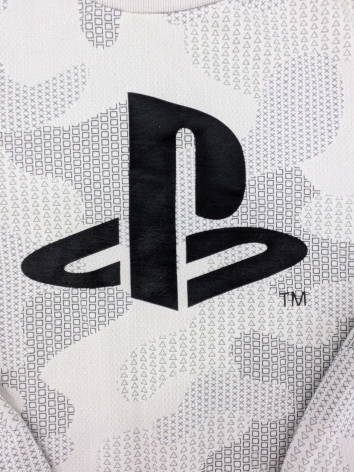 PlayStation grey sweatshirt with white logo and camo pattern featuring controller symbols.