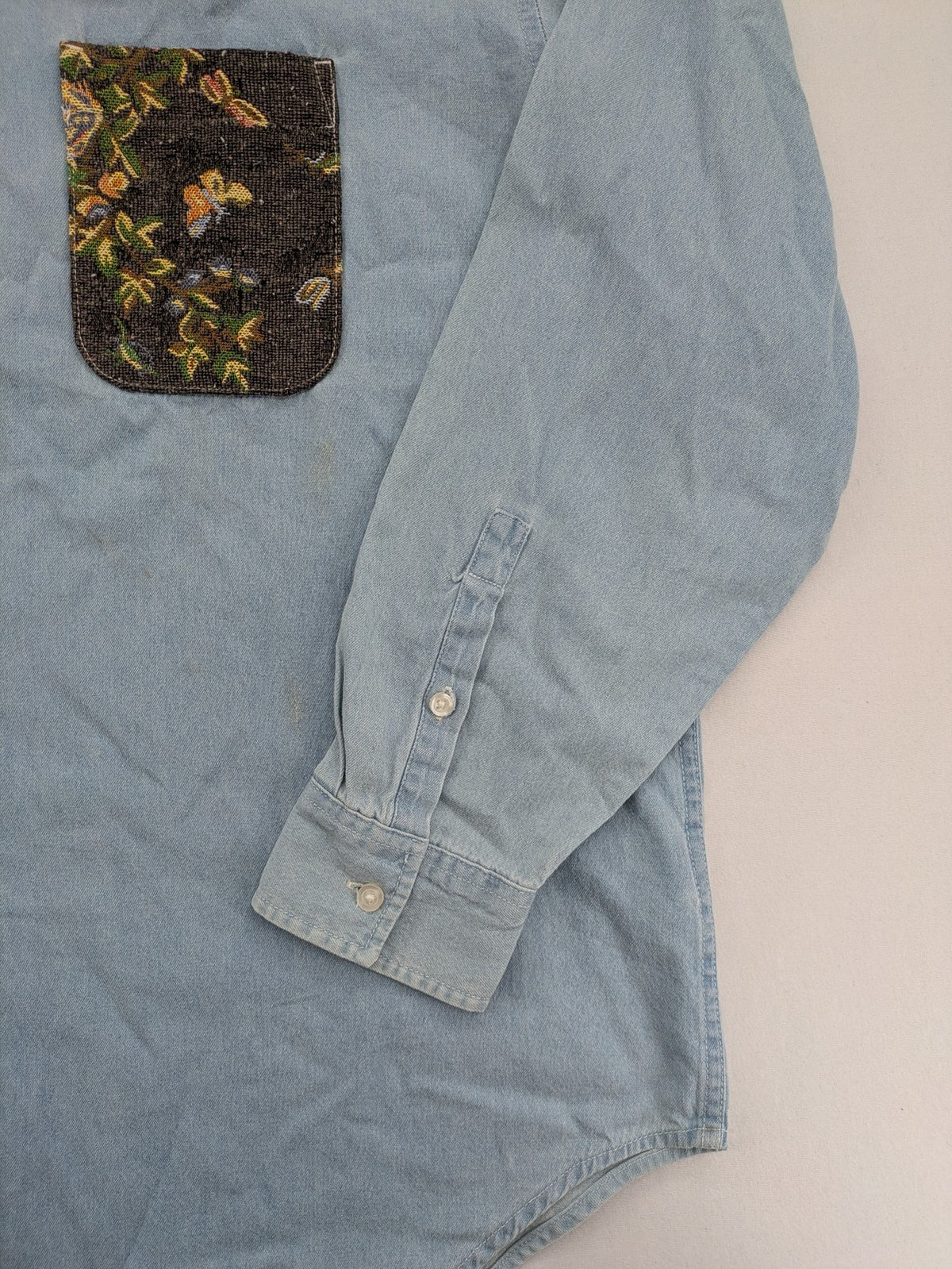 Topman vintage oversized denim shirt blue with floral and insect pattern, button-down style.