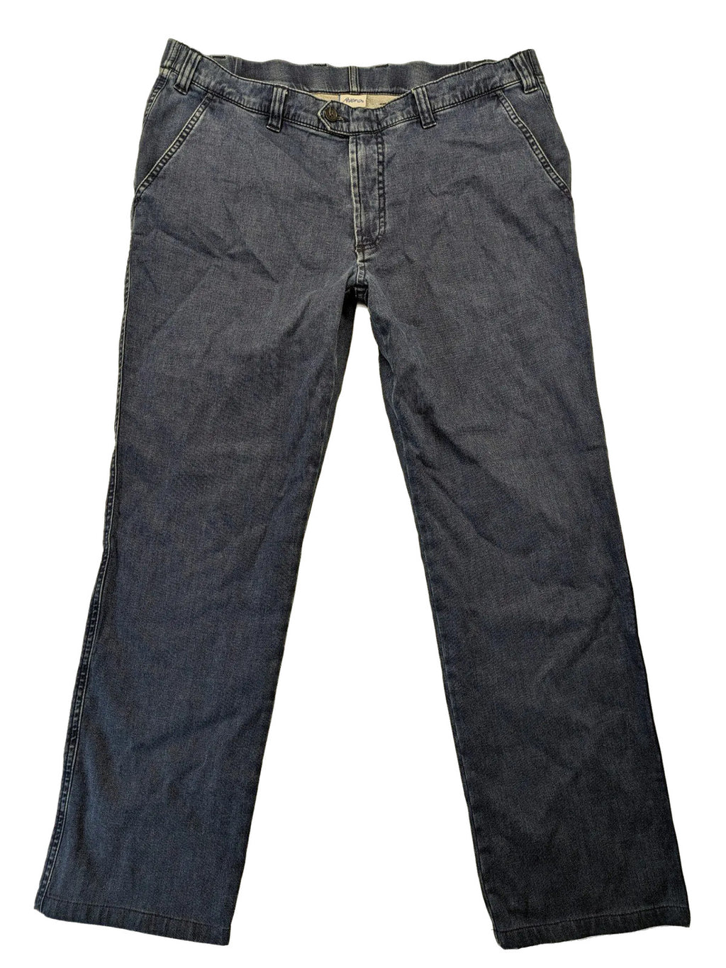 Avena blue chino pants, straight leg, cotton blend, featuring zipper and buttoned pockets.