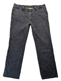 Avena blue chino pants, straight leg, cotton blend, featuring zipper and buttoned pockets.