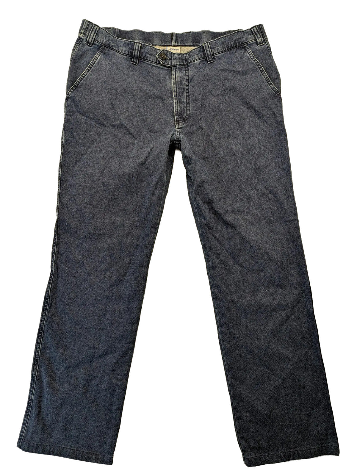 Avena blue chino pants, straight leg, cotton blend, featuring zipper and buttoned pockets.