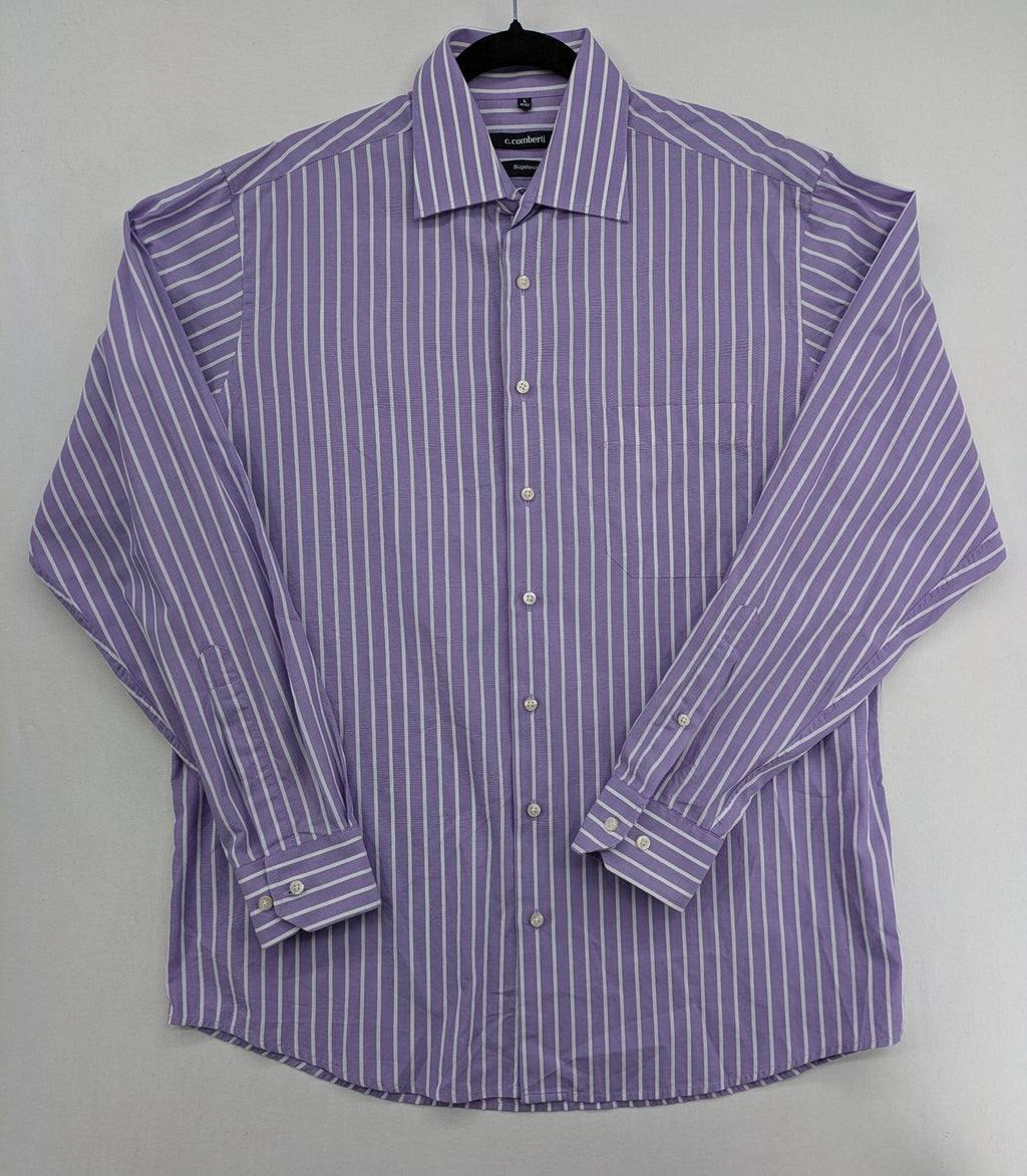 C.Comberti pink button-up shirt with vertical purple and white stripes, easy-care fabric.