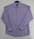 C.Comberti pink button-up shirt with vertical purple and white stripes, easy-care fabric.
