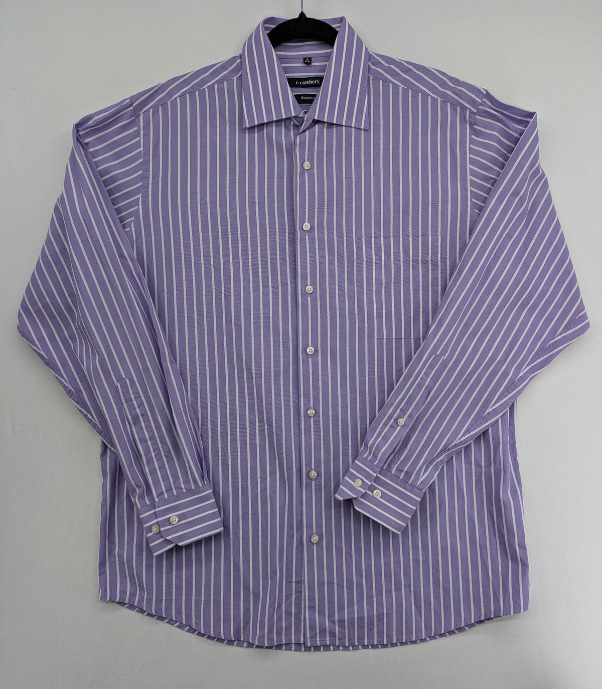 C.Comberti pink button-up shirt with vertical purple and white stripes, easy-care fabric.