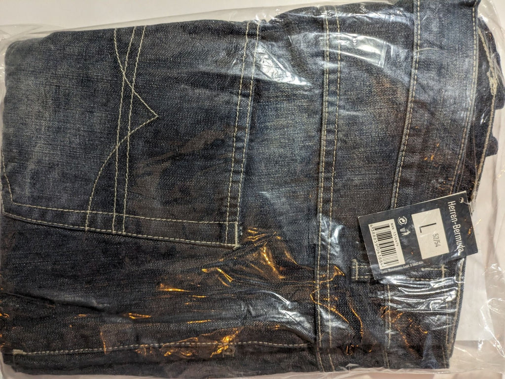 Denim blue Bermuda shorts, casual style, durable denim material, perfect for summer.
