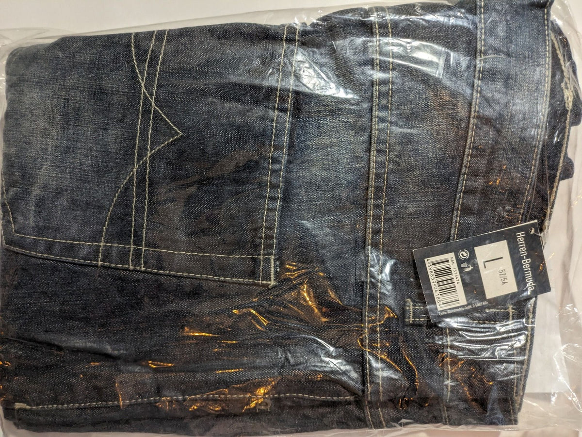 Denim blue Bermuda shorts, casual style, durable denim material, perfect for summer.