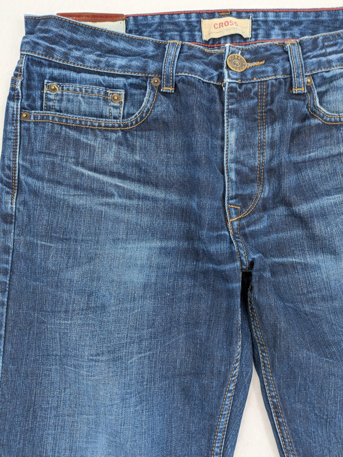 W32 blue straight jeans with classic 5-pocket design and dark wash denim.