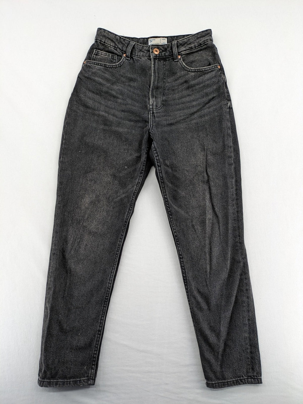 Bershka black mom jeans high-waist straight leg washed denim with classic five-pocket design.