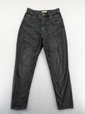 Bershka black mom jeans high-waist straight leg washed denim with classic five-pocket design.