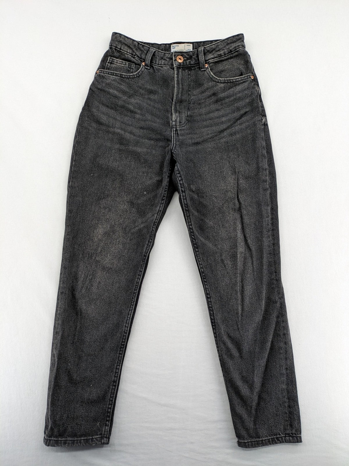 Bershka black mom jeans high-waist straight leg washed denim with classic five-pocket design.