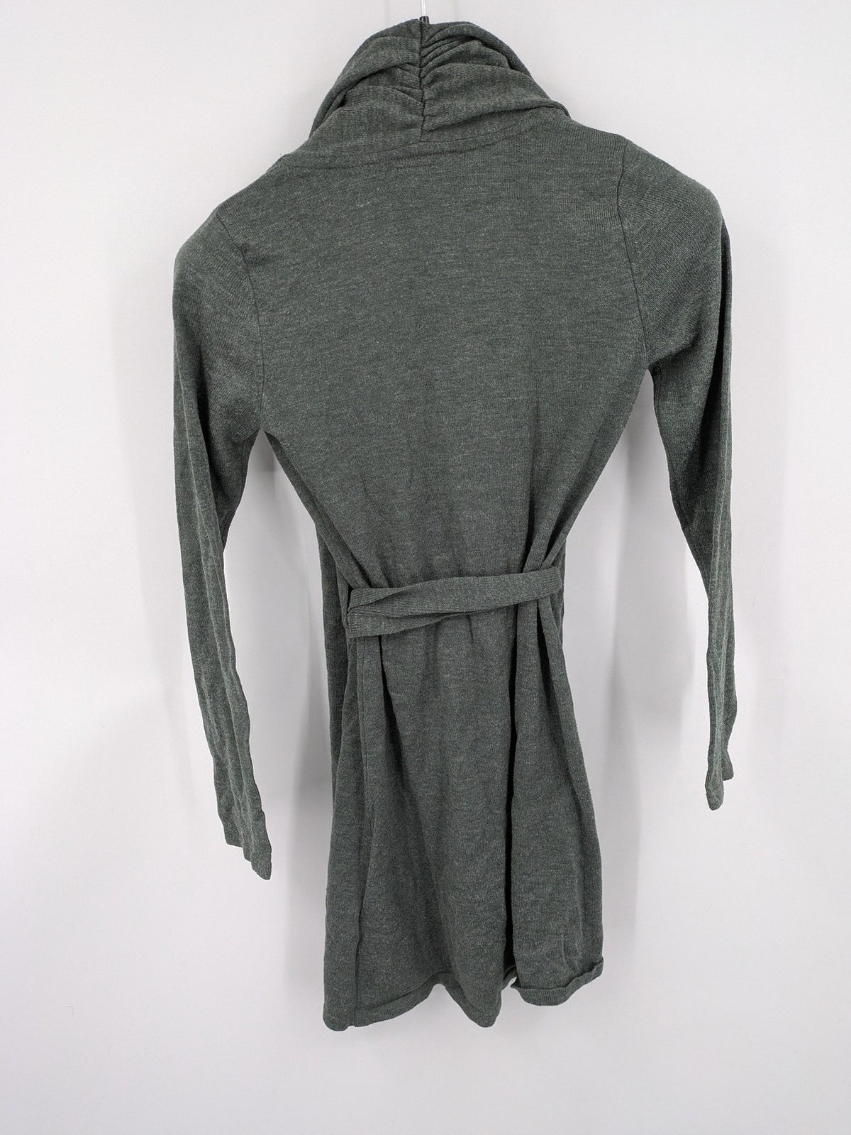 Bodyflirt grey cardigan with black top, open front, soft knit, waterfall collar.