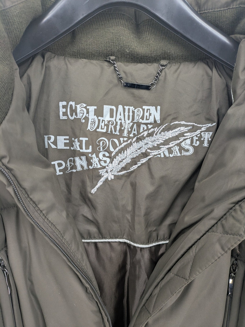 Yessica khaki puffer coat long quilted design with belt, zip pockets, and hood.
