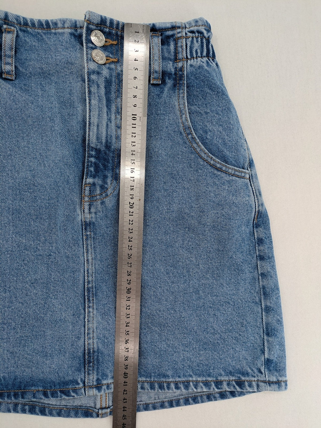 MNG blue knee-length skirt high waist paperbag style with elastic back and classic wash.