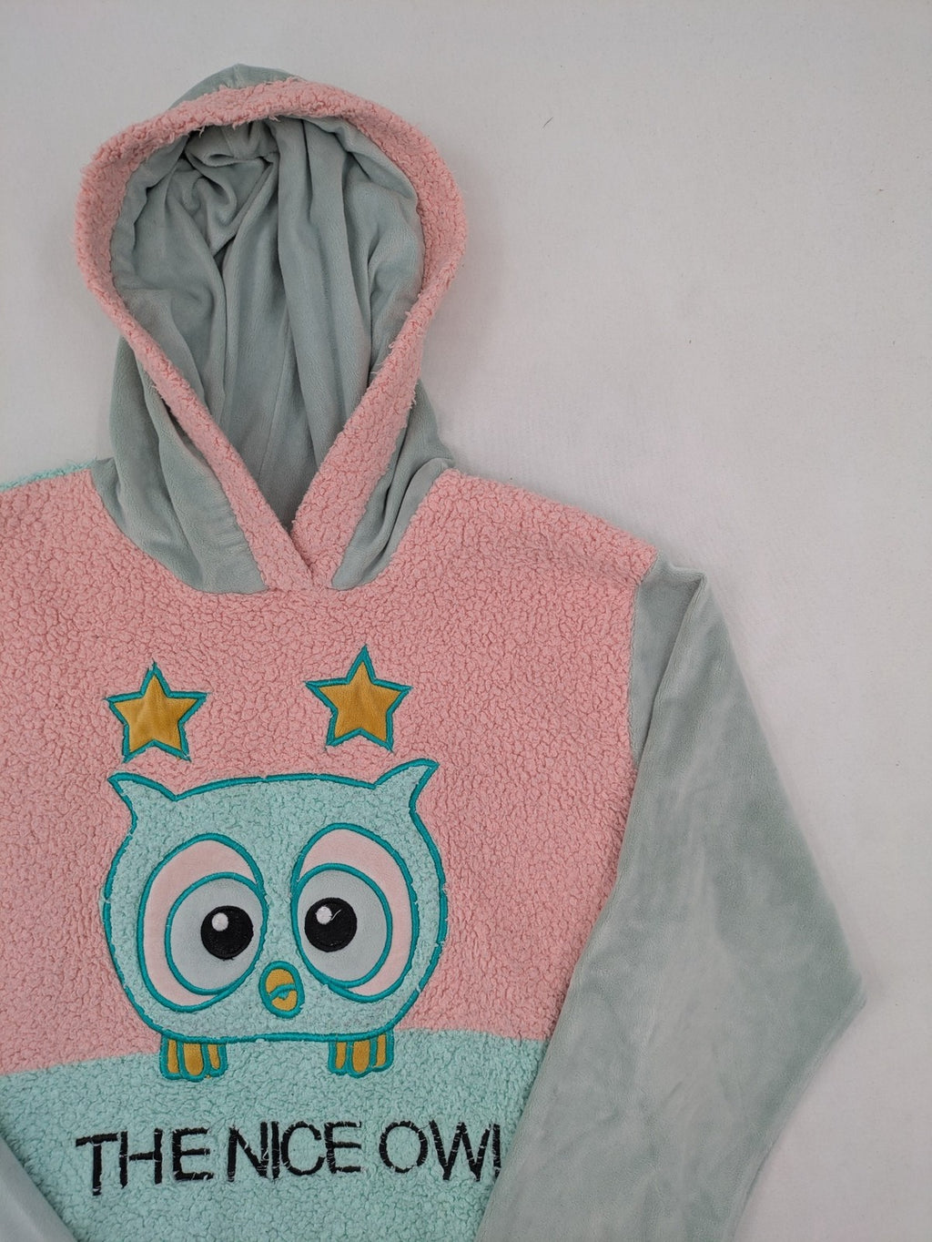 Damen turtle neck jumper blue and green, cute embroidered owl design, soft teddy fleece material.