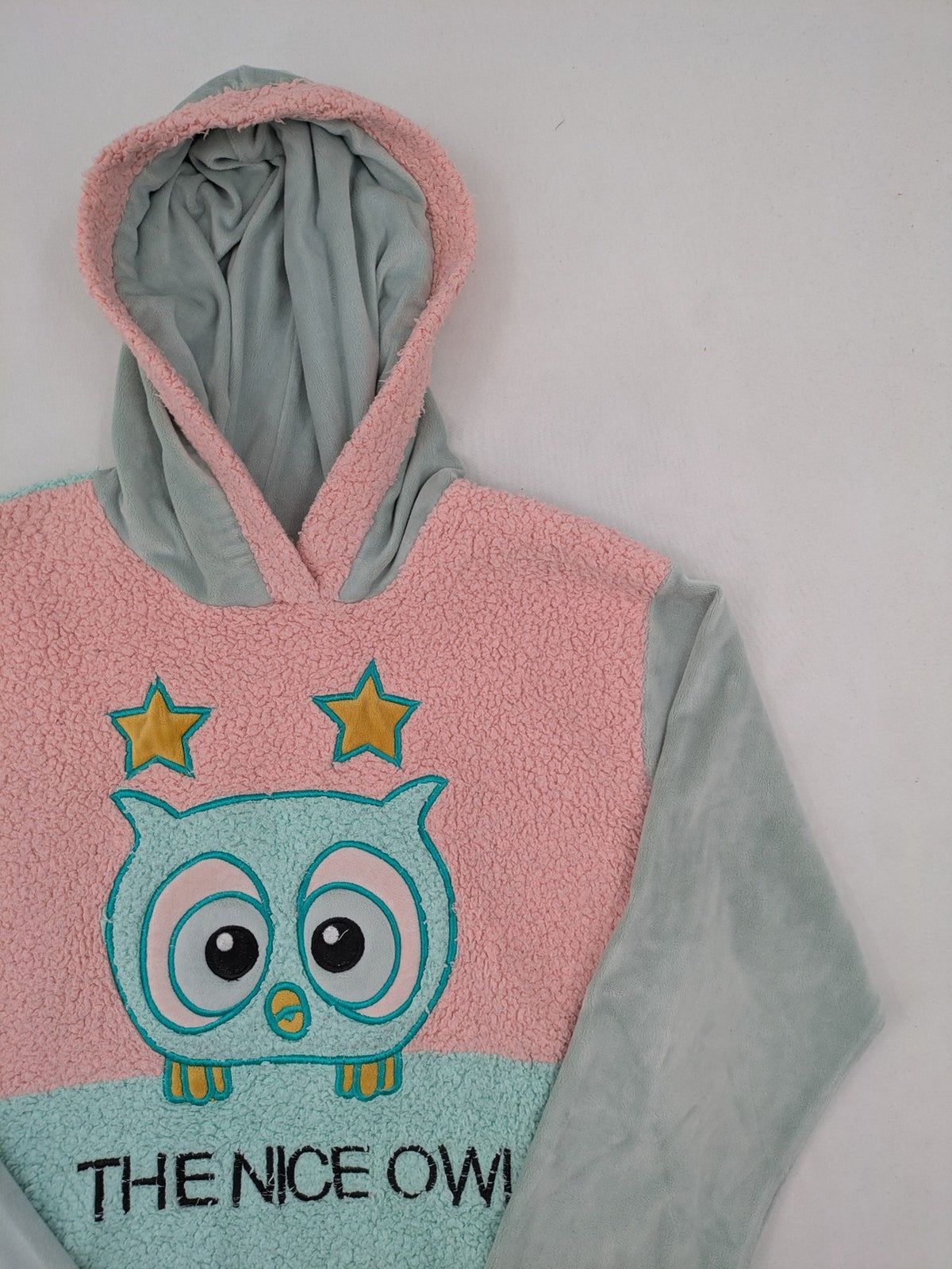 Damen turtle neck jumper blue and green, cute embroidered owl design, soft teddy fleece material.
