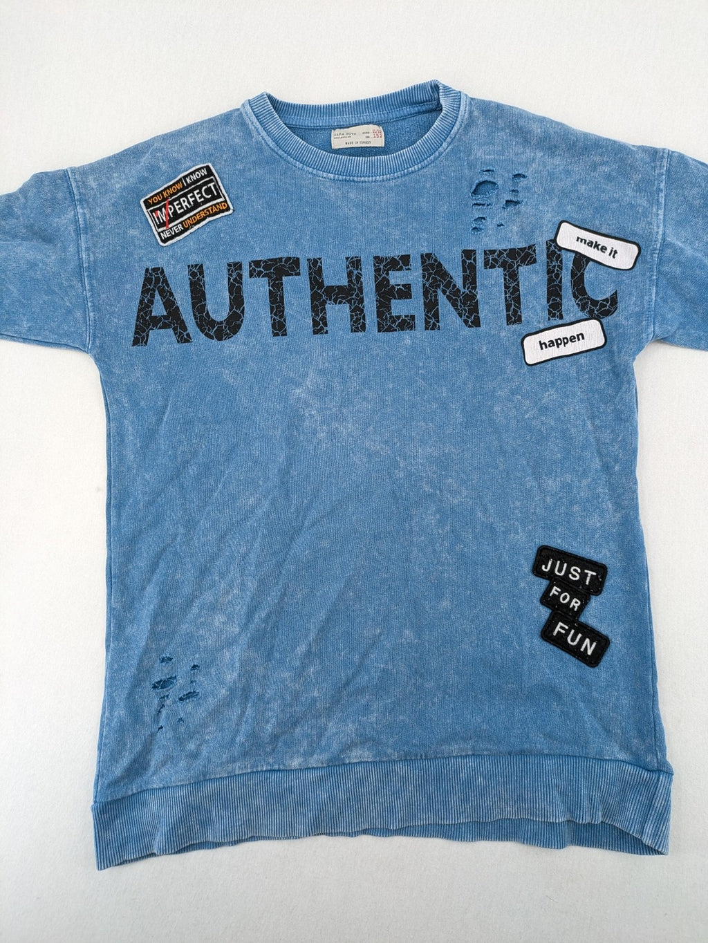 Zara turtle neck jumper blue distressed with graphic prints and patches, size 152.