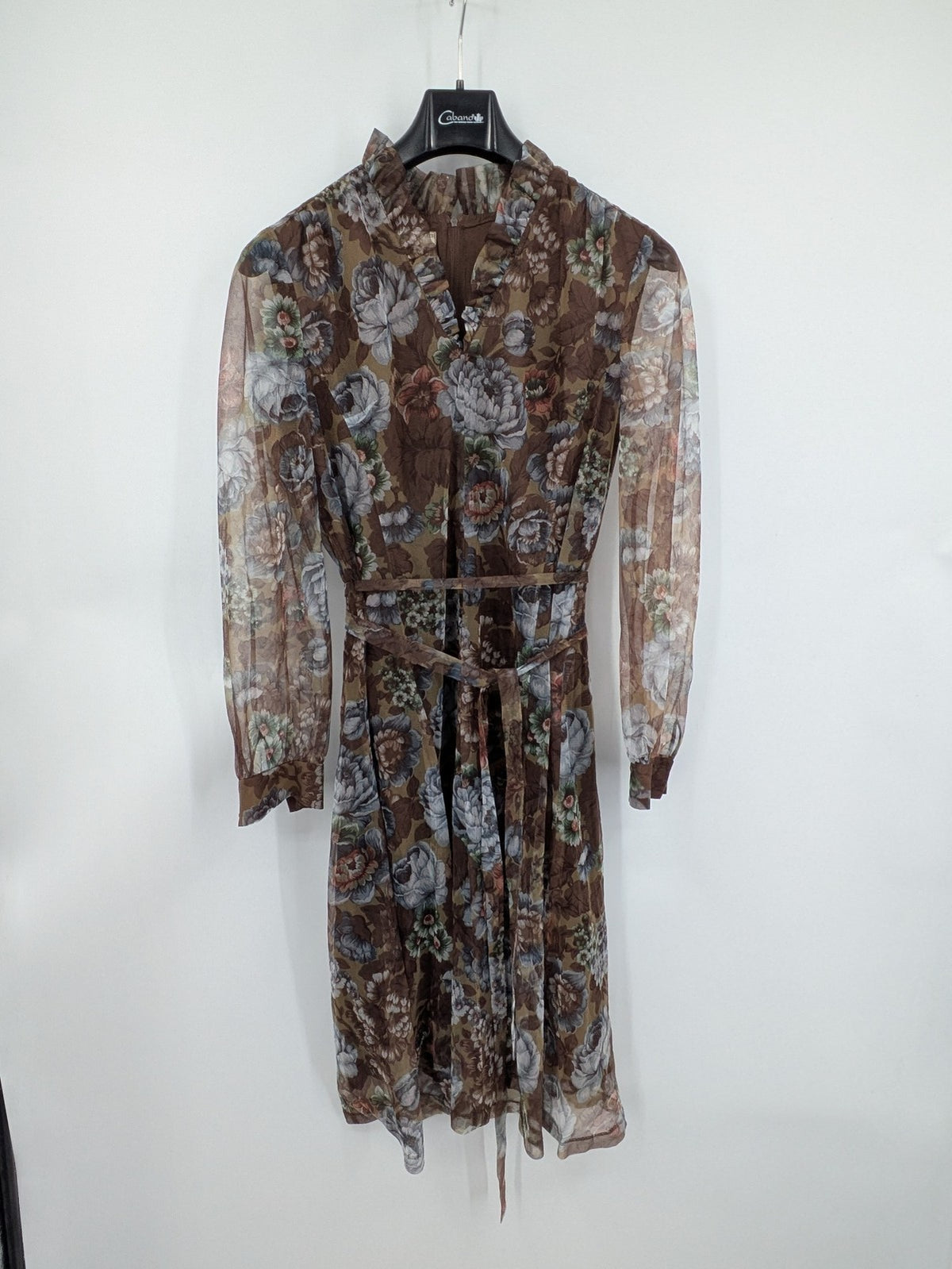 Braun vintage floral midi dress multi-colour chiffon long sleeves ruffled collar with belt