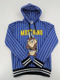 Moschino multi turtle neck jumper blue and white striped with Tasmanian Devil graphic.