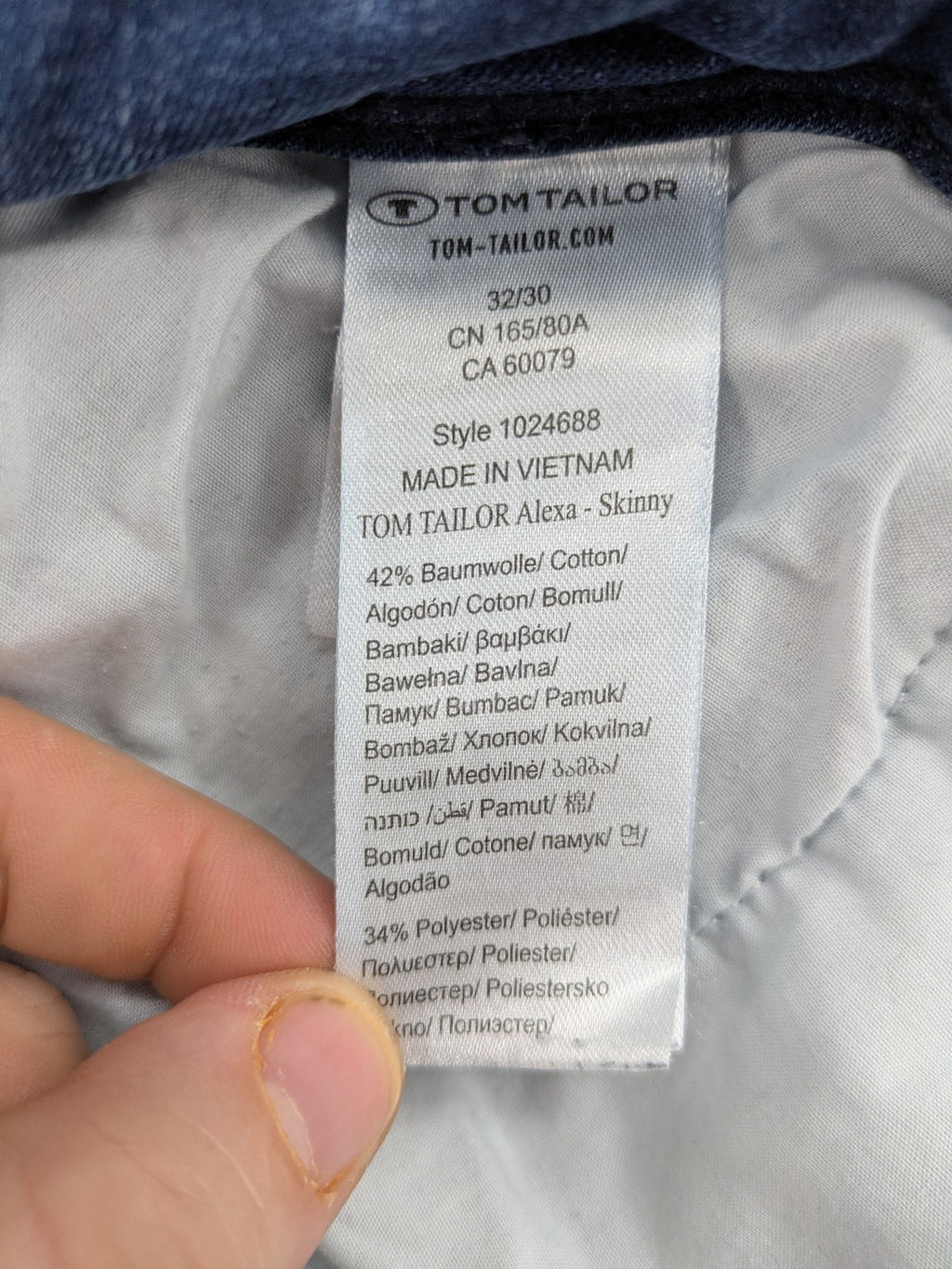 Tom Tailor blue skinny jeans with classic 5-pocket design and double button closure.