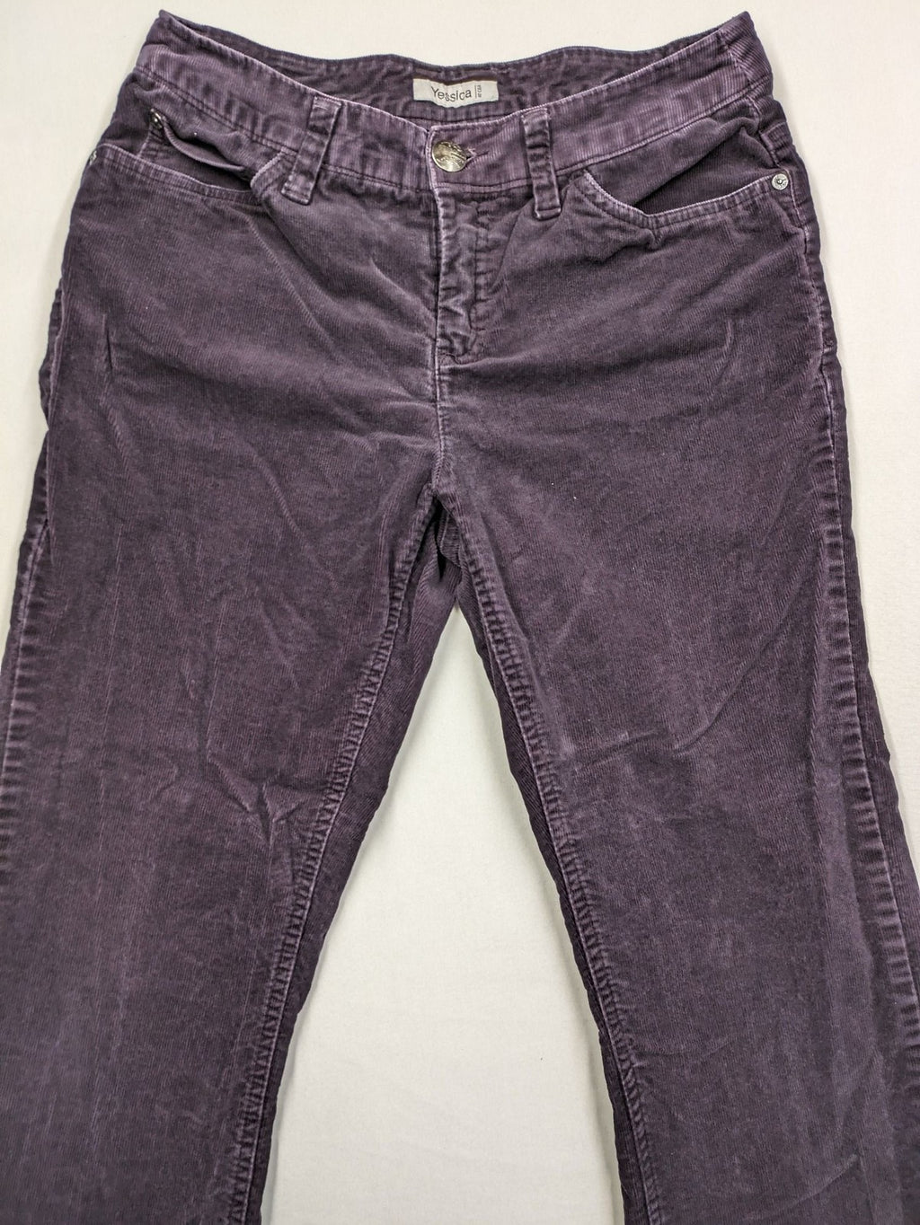 Yessica purple pants classic straight leg five-pocket style soft cotton blend