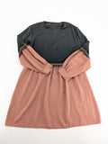 Efsun Moda grey and pink A-line dress with gold decorative chains and long balloon sleeves.
