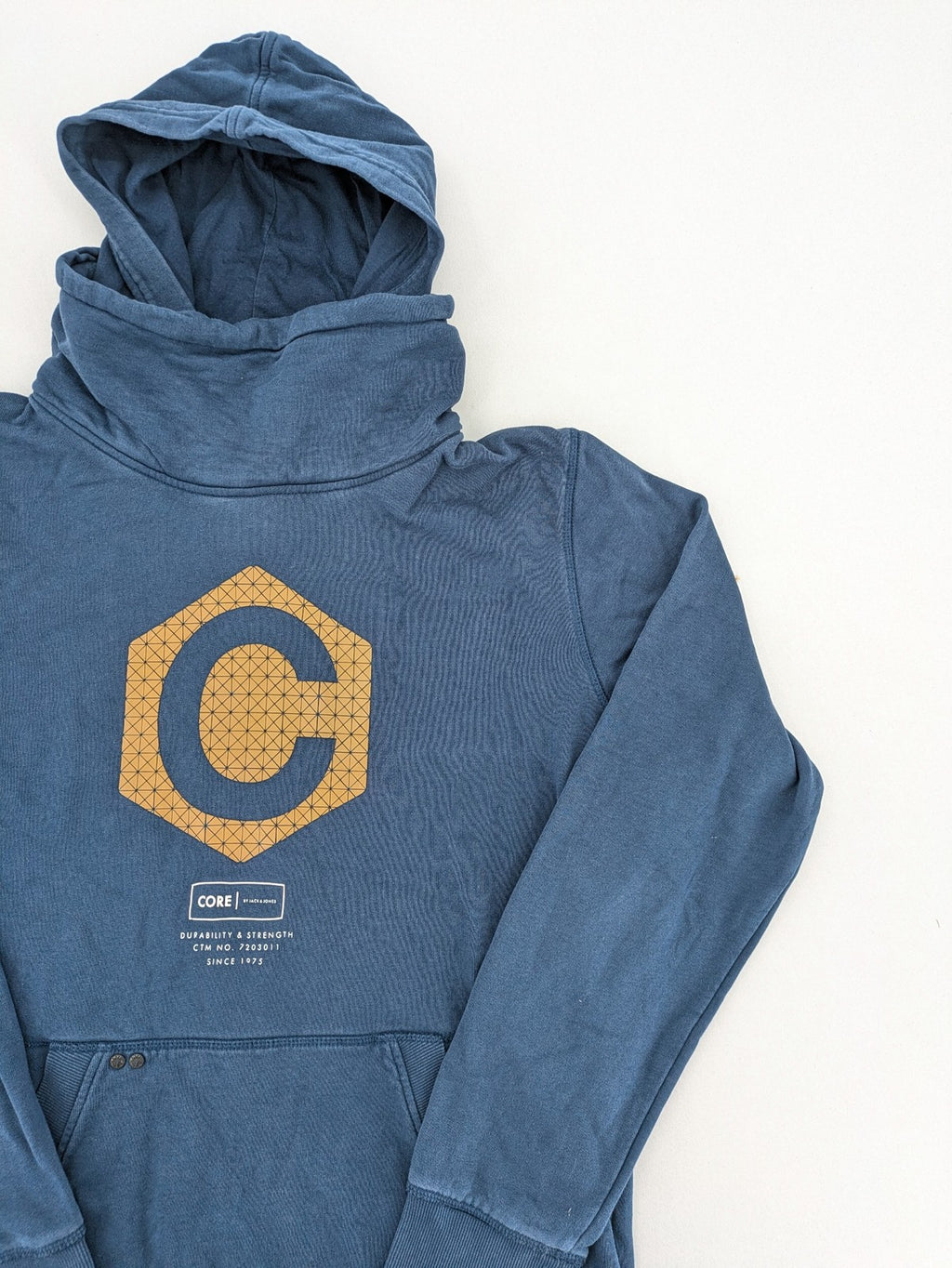 Jack & Jones Core blue hoodie with large gold "C" graphic and high collar.