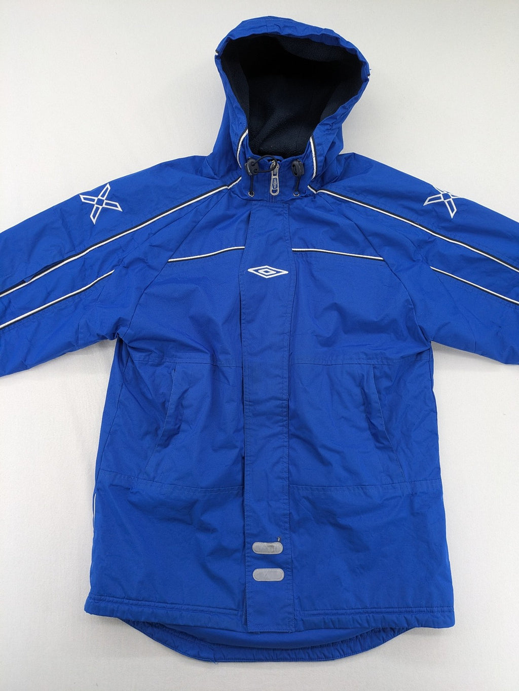 Umbro blue fleece-lined jacket with hood, reflective details, and white piping.