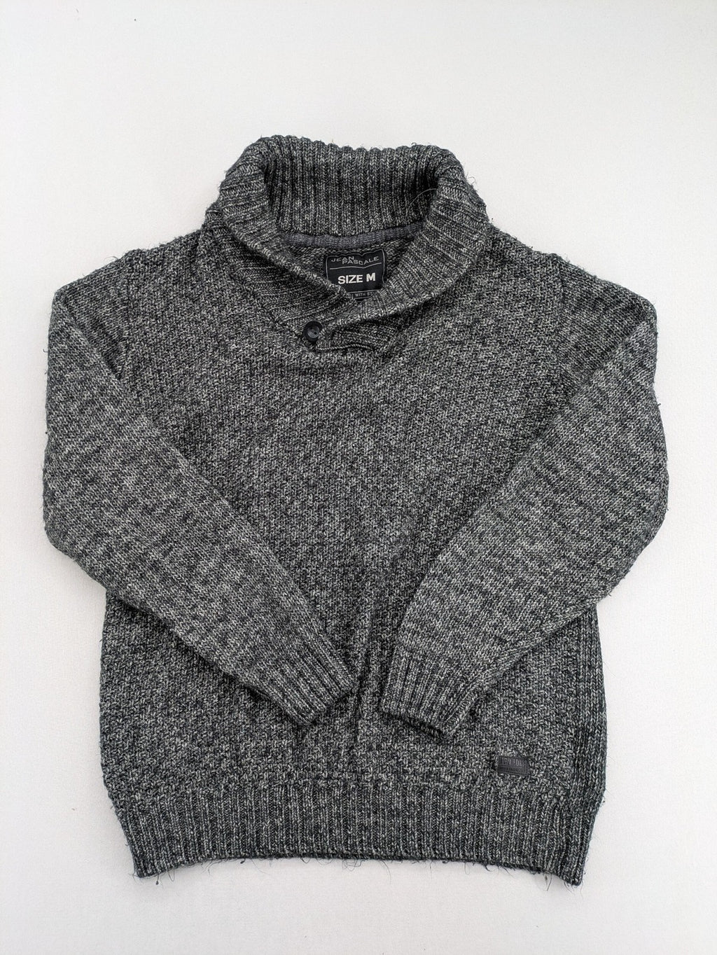 Jean Pascale grey turtle neck jumper with shawl collar and ribbed details.