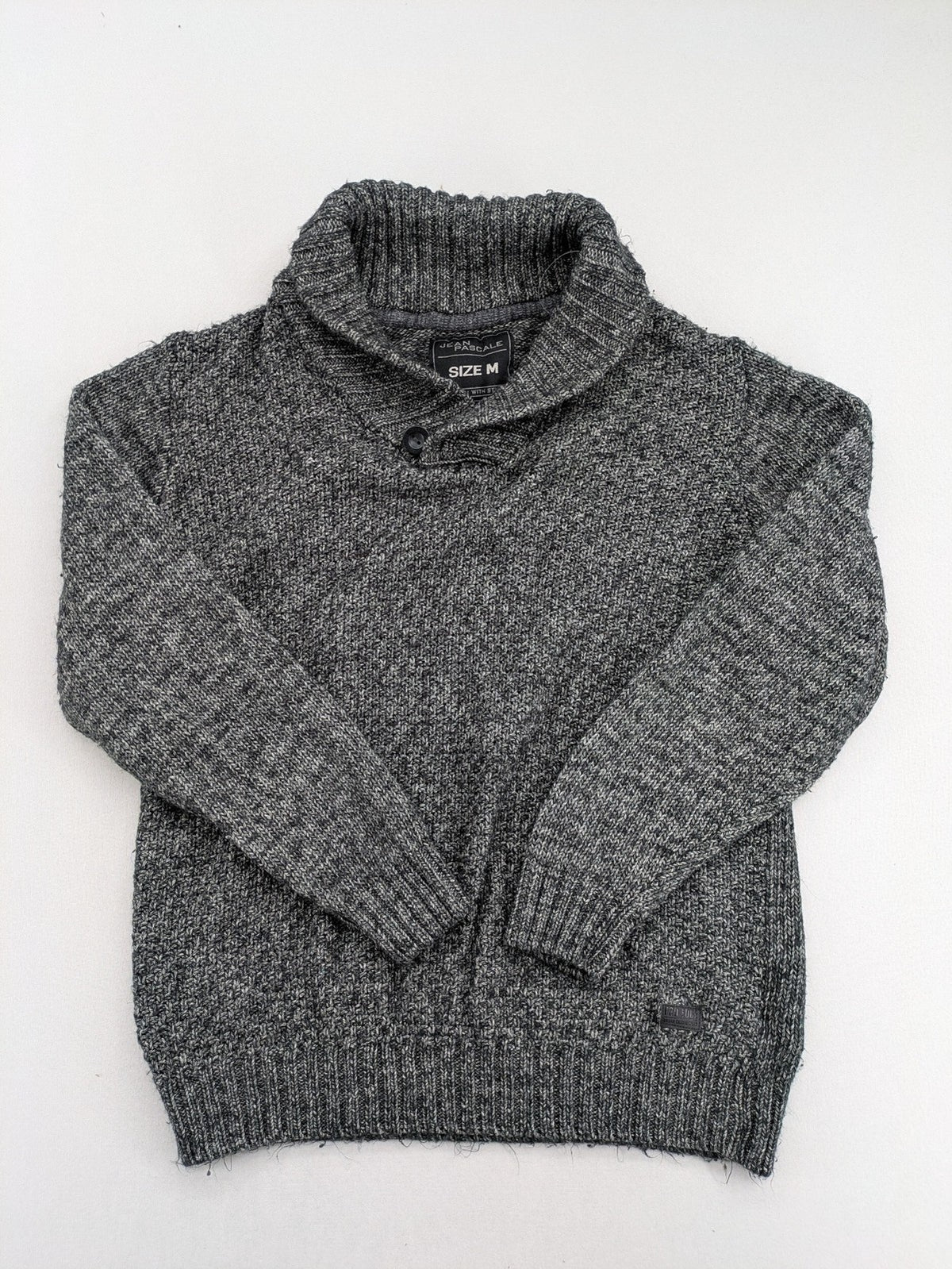 Jean Pascale grey turtle neck jumper with shawl collar and ribbed details.