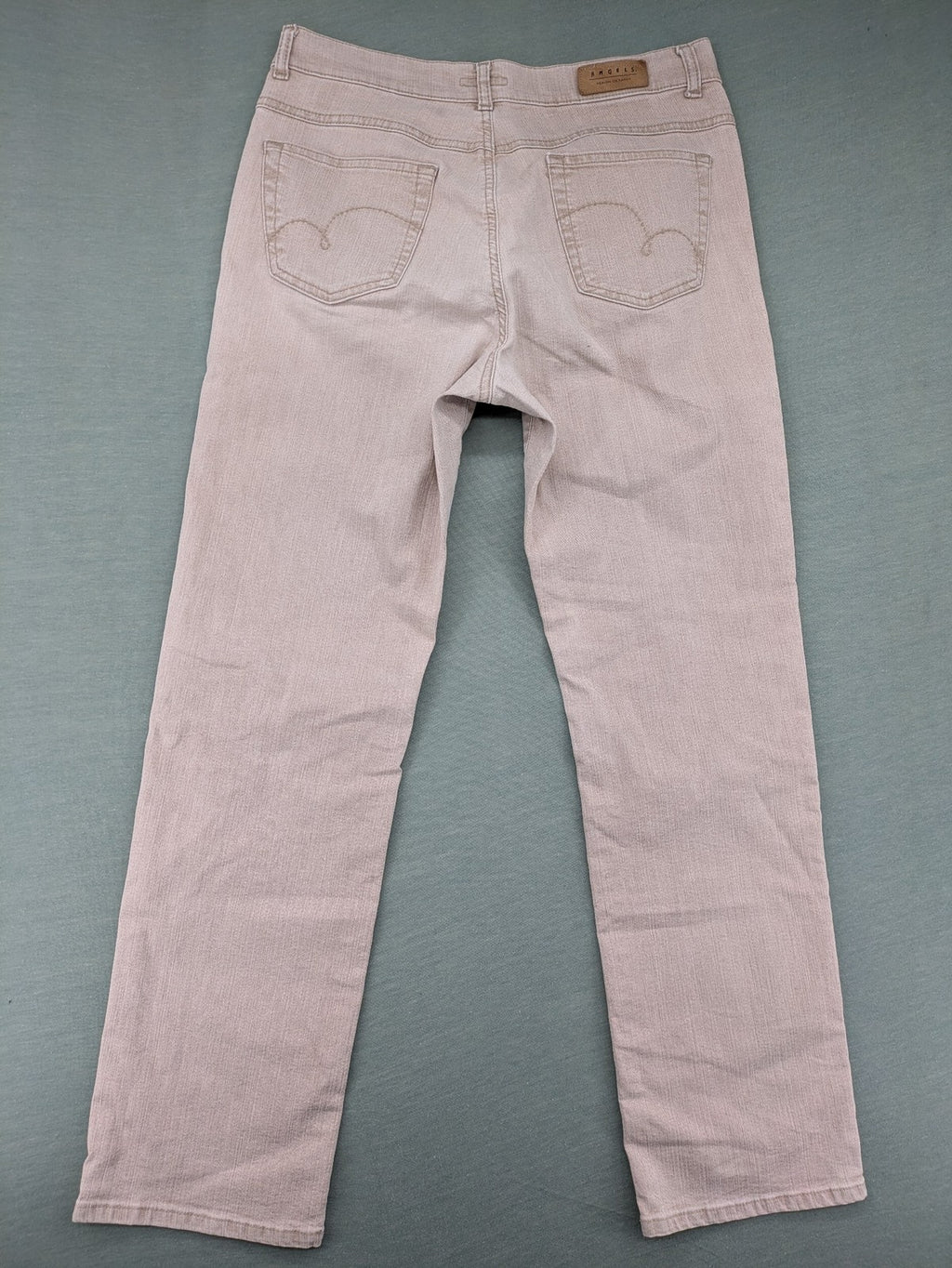 Angels beige straight leg jeans with five-pocket design and zipper button closure.