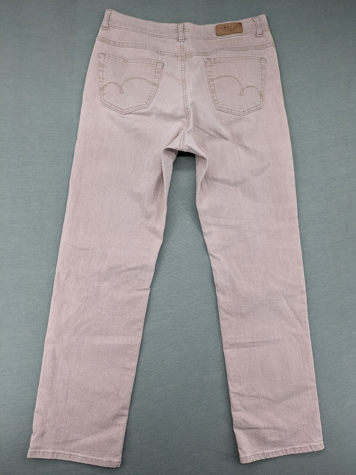 Angels beige straight leg jeans with five-pocket design and zipper button closure.