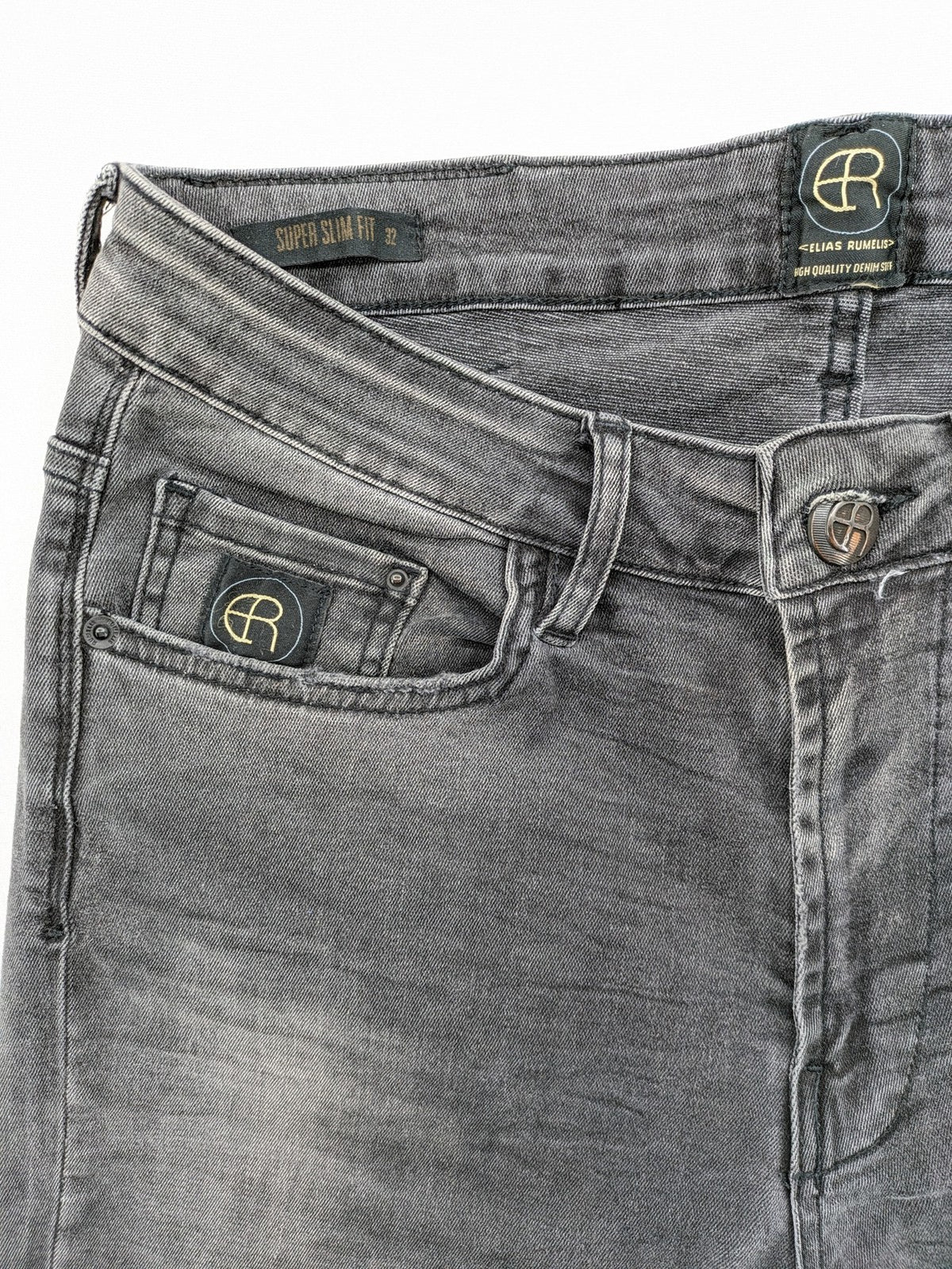 Elias Rumelis grey super slim fit jeans with stitched logo and subtle used look.