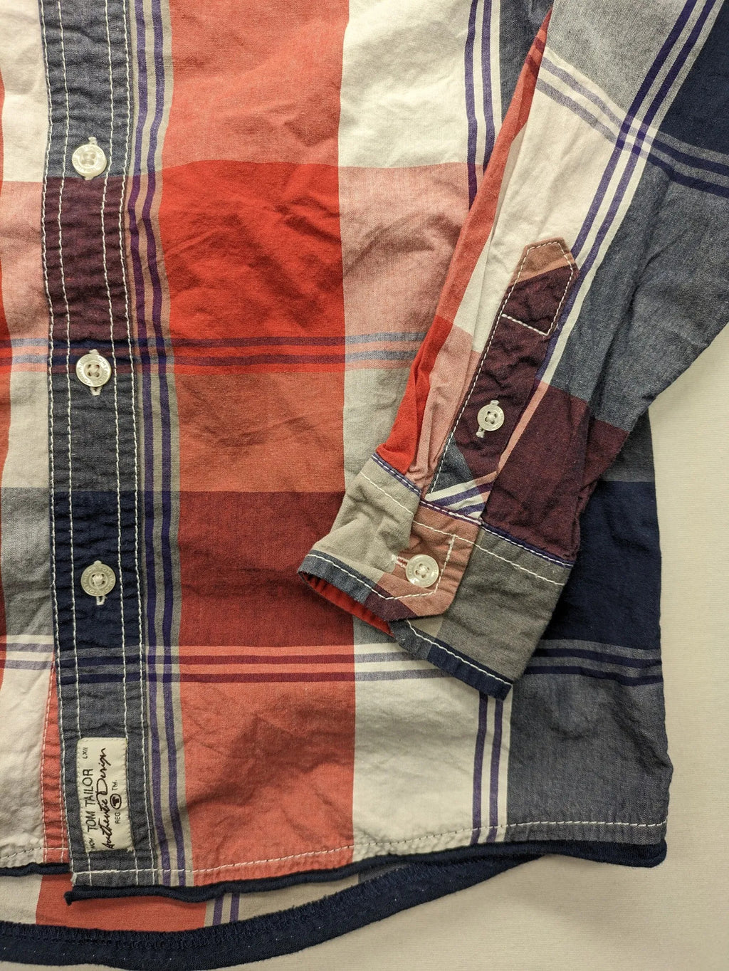 Tom Tailor baby jacket cream with red, white, and blue check pattern, button-down front.