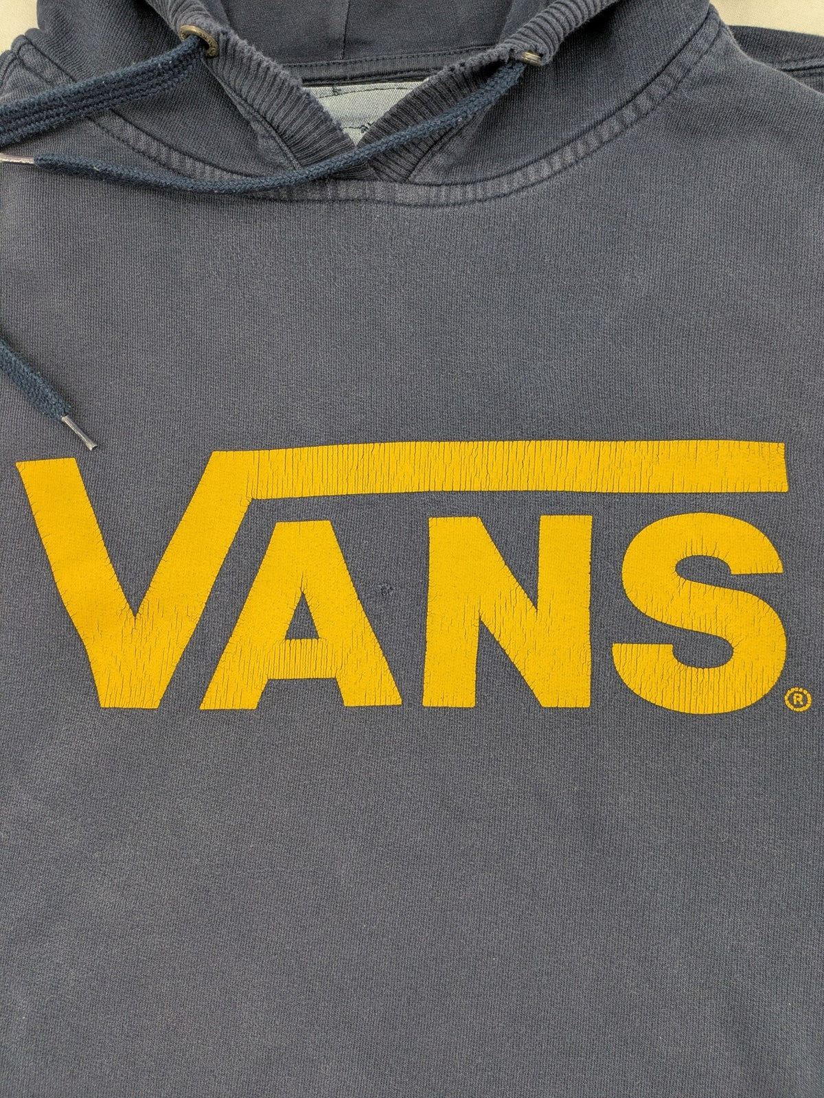 Vans zip-through hoodie navy blue with large yellow logo and kangaroo pocket.