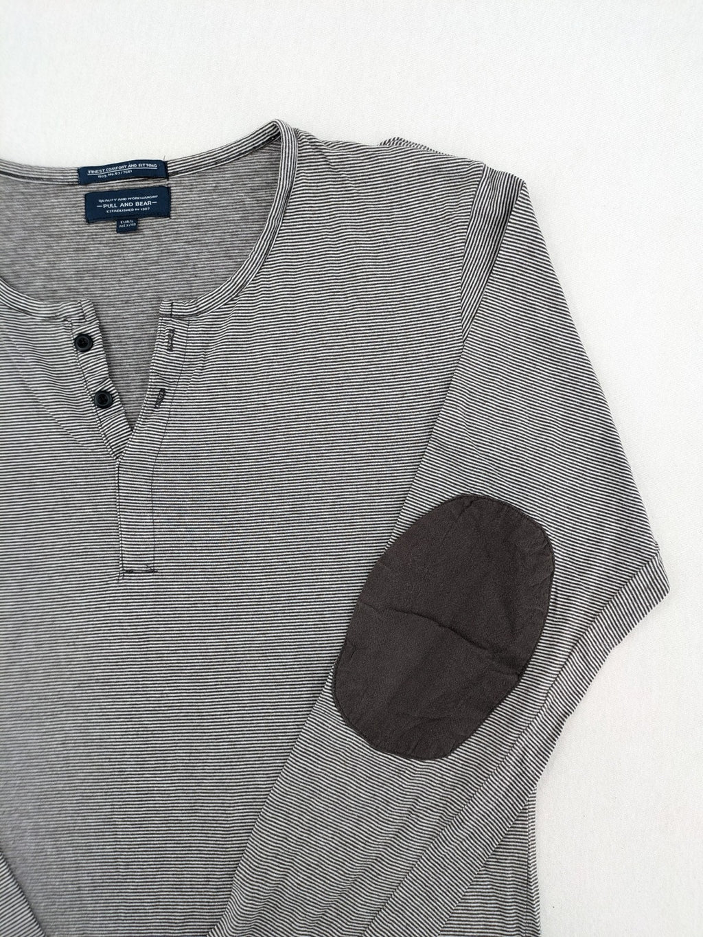 Pull&Bear grey striped Henley shirt with elbow patches and decorative shoulder flaps.