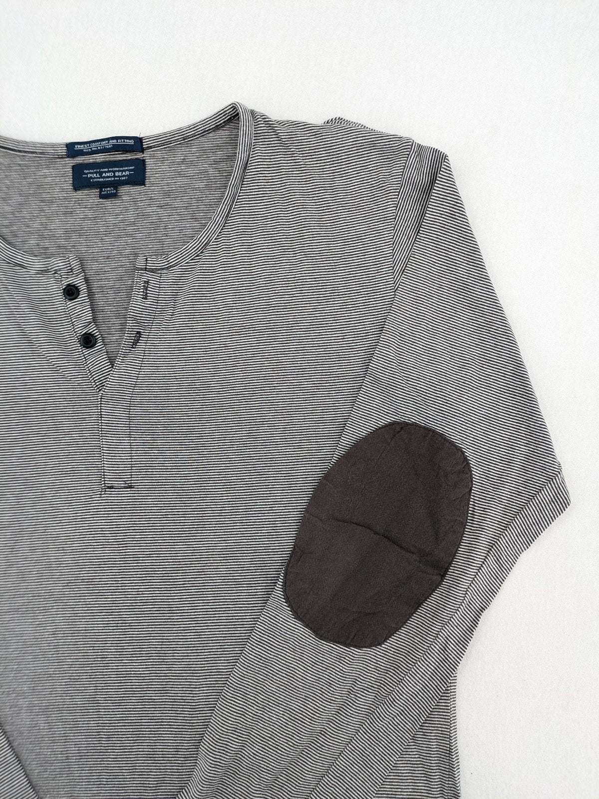 Pull&Bear grey striped Henley shirt with elbow patches and decorative shoulder flaps.