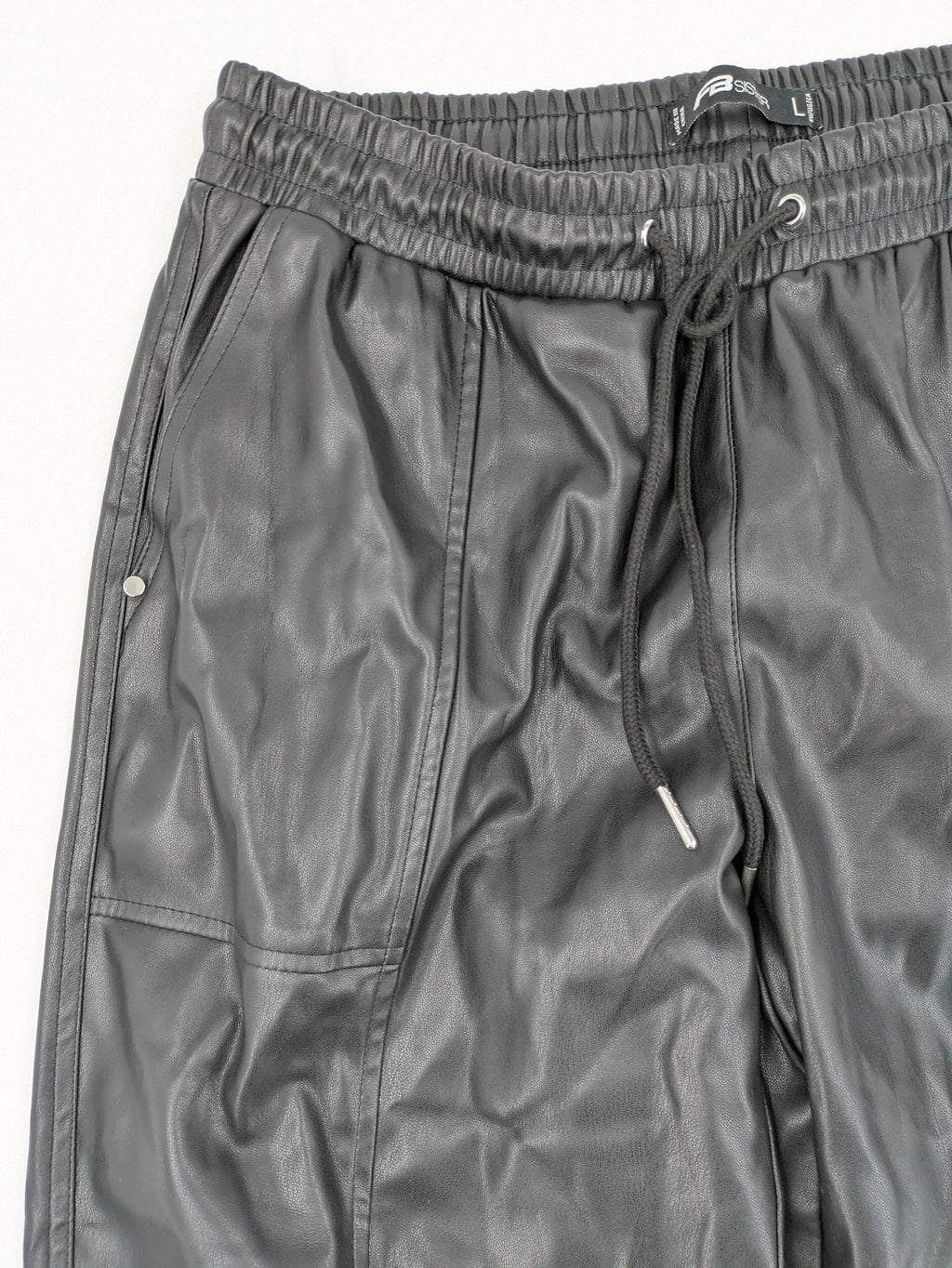 FB Sister grey jogger pants high waist with elastic waistband and drawstring, faux leather material.