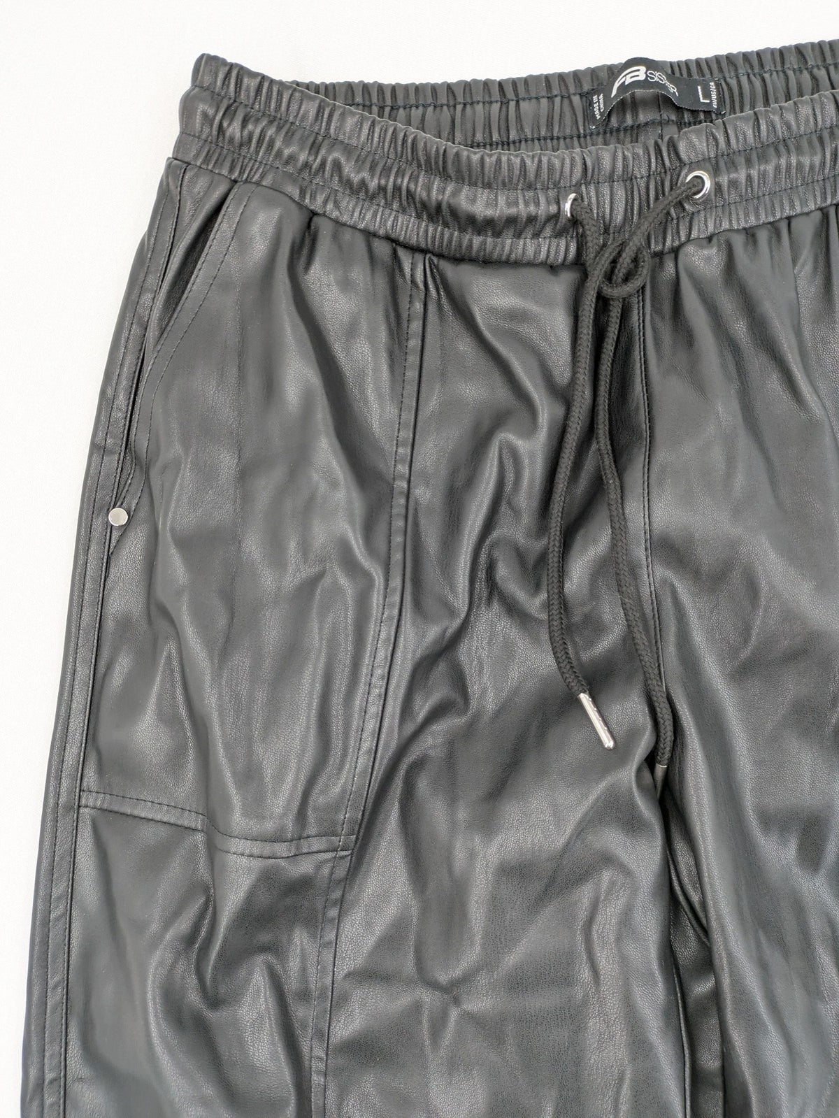 FB Sister grey jogger pants high waist with elastic waistband and drawstring, faux leather material.
