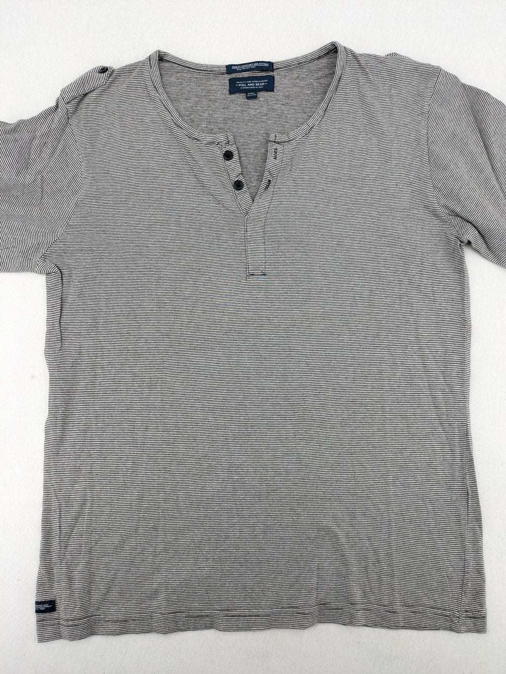 Pull&Bear grey striped Henley shirt with elbow patches and decorative shoulder flaps.