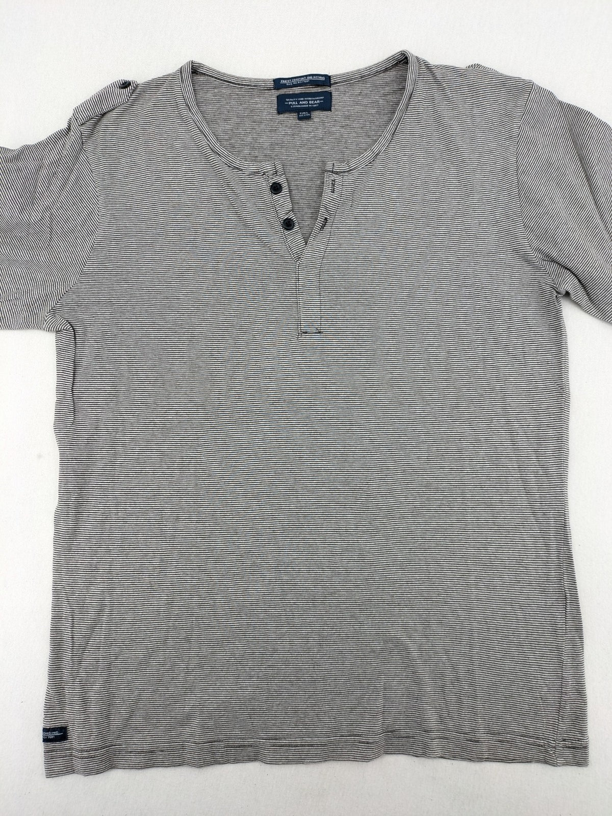 Pull&Bear grey striped Henley shirt with elbow patches and decorative shoulder flaps.