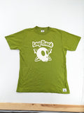 Lay Back green t-shirt with skull graphic, logo print, and short sleeves.