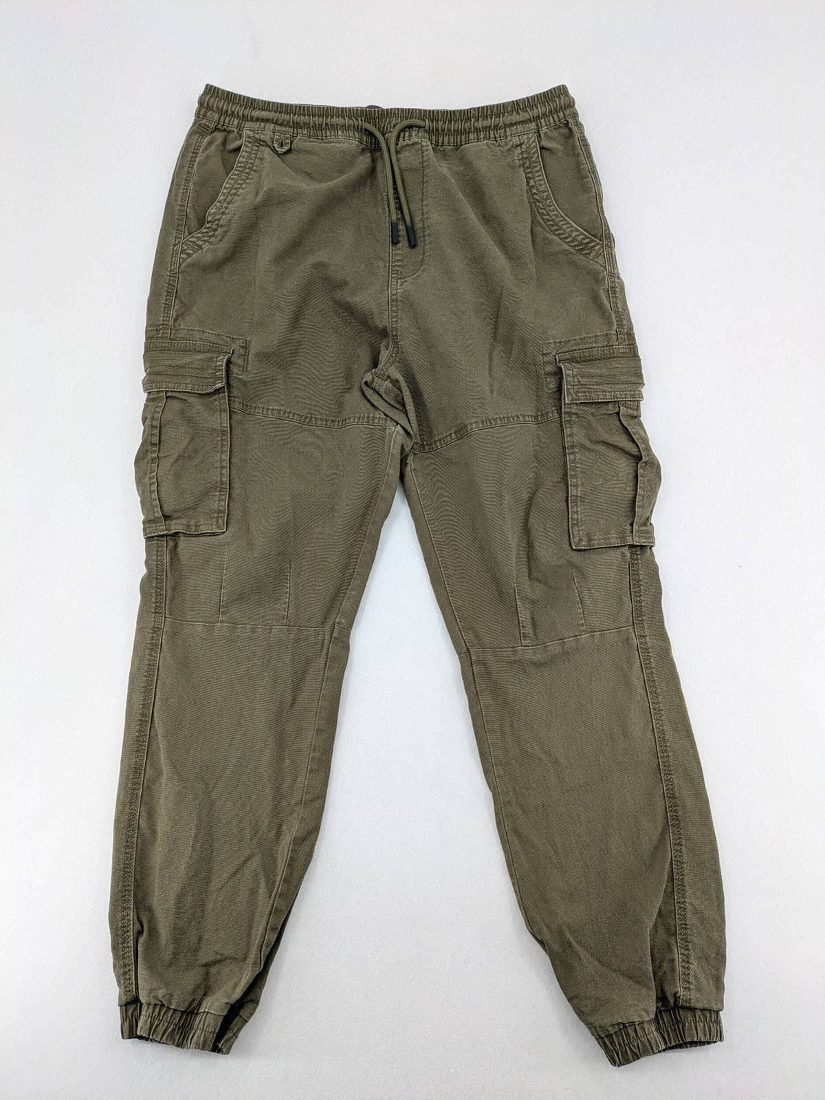 Denim & Co. khaki cargo jogger pants with elastic waistband and multiple pockets.